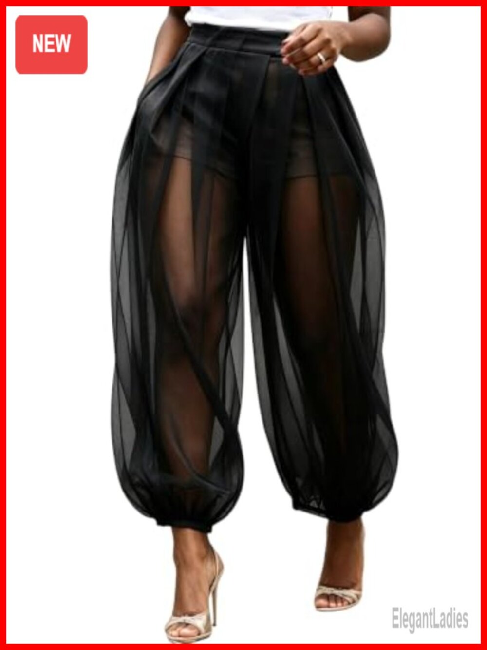 Sheer Mesh High Waist Balloon Lantern Pants Wide Leg Patchwork